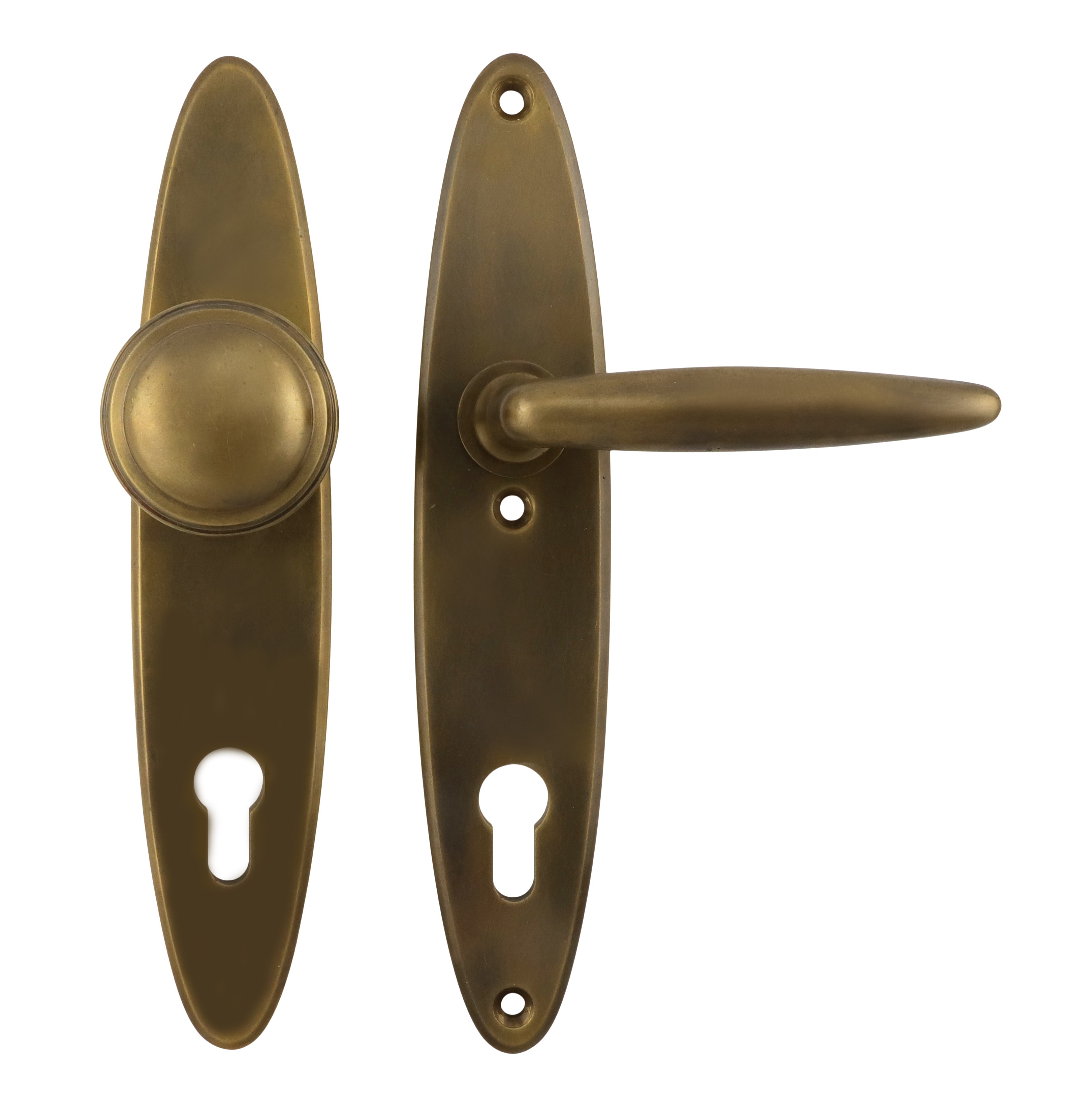 312.0032.45 Set di maniglie per porte d'ingresso con pomolo in ottone patinato stile anni '20