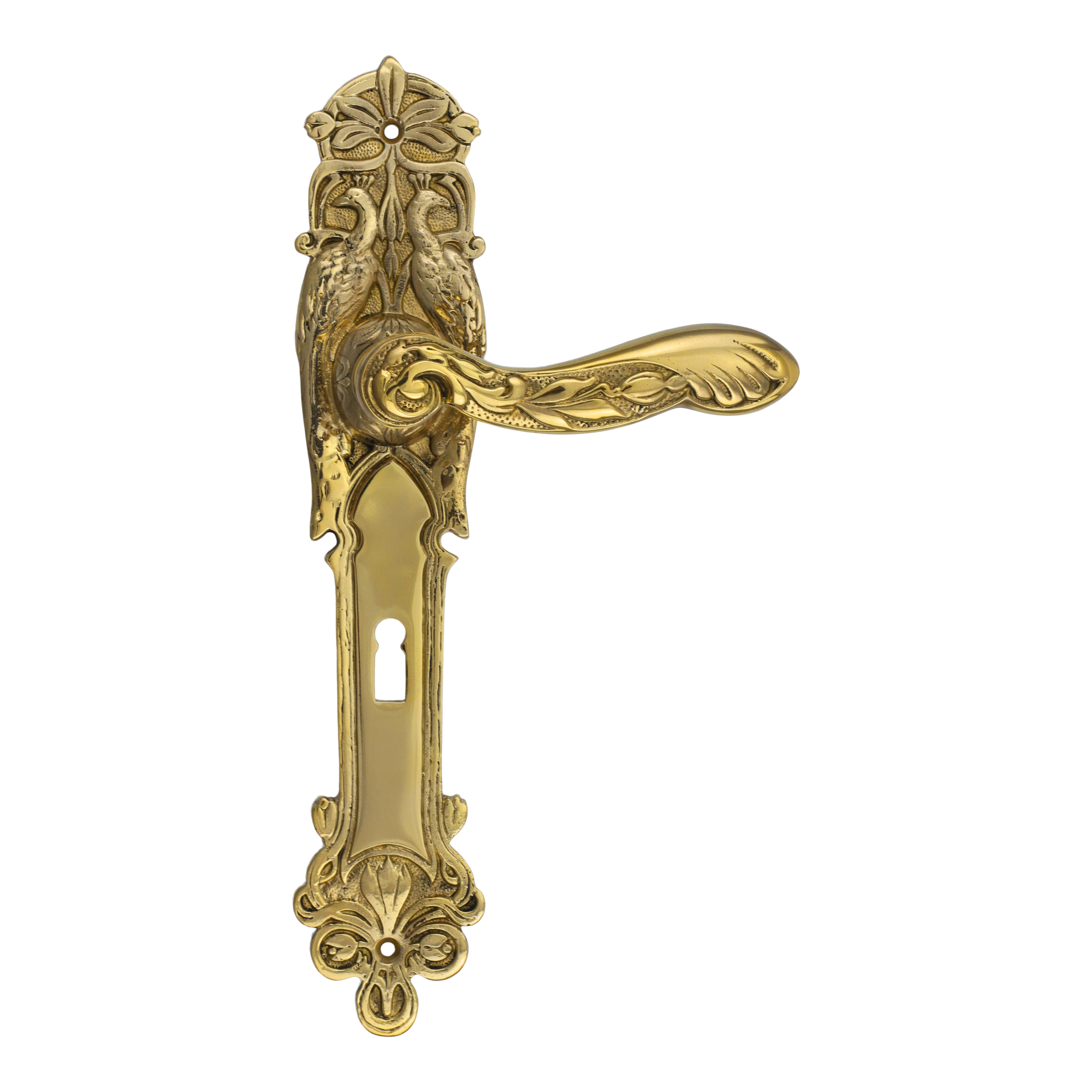 322.0074.35 Maniglia per porta con piastra lunga Art Nouveau in ottone lucido