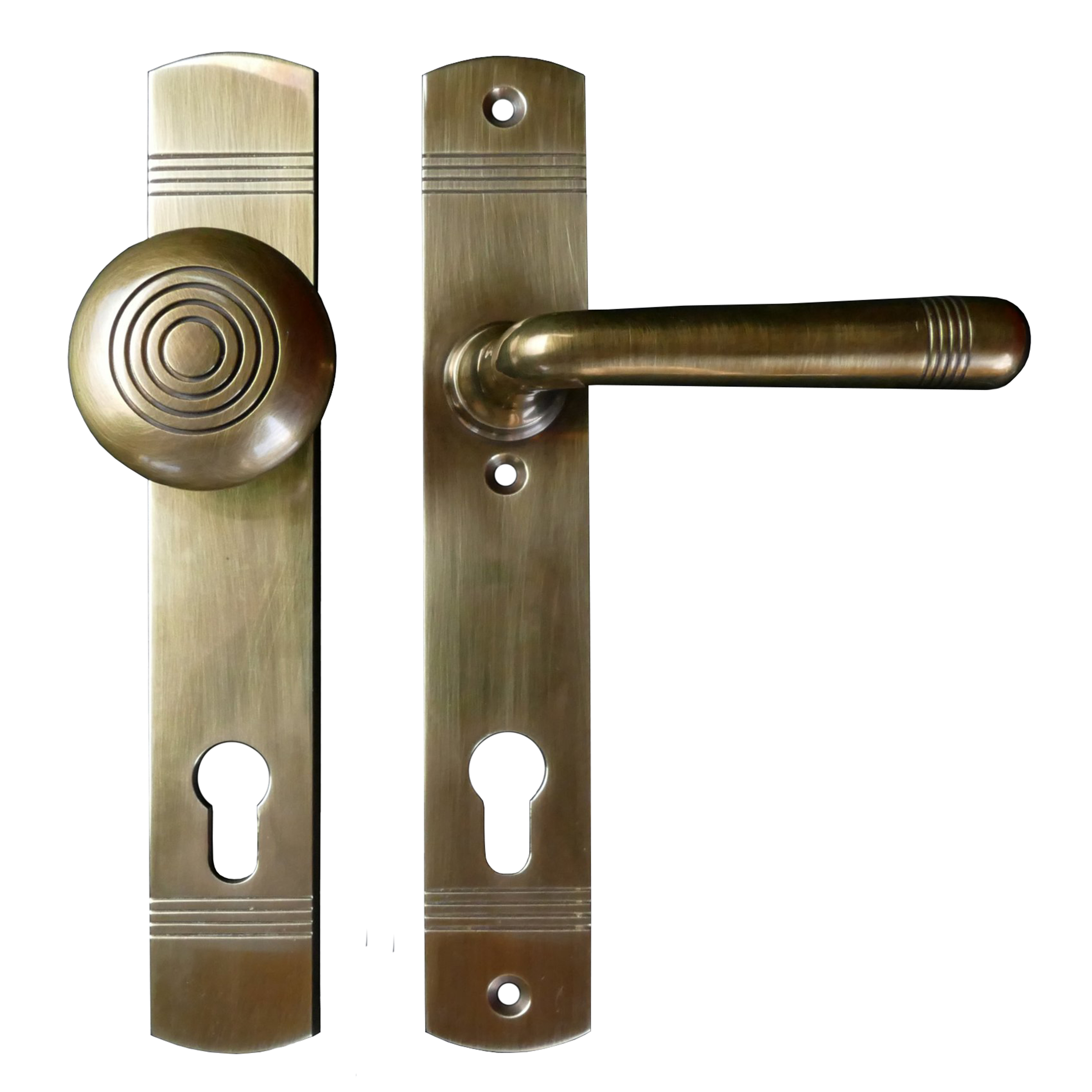 312.0063.45 Set di maniglie per porte d'ingresso con pomolo in ottone patinato Art Nouveau