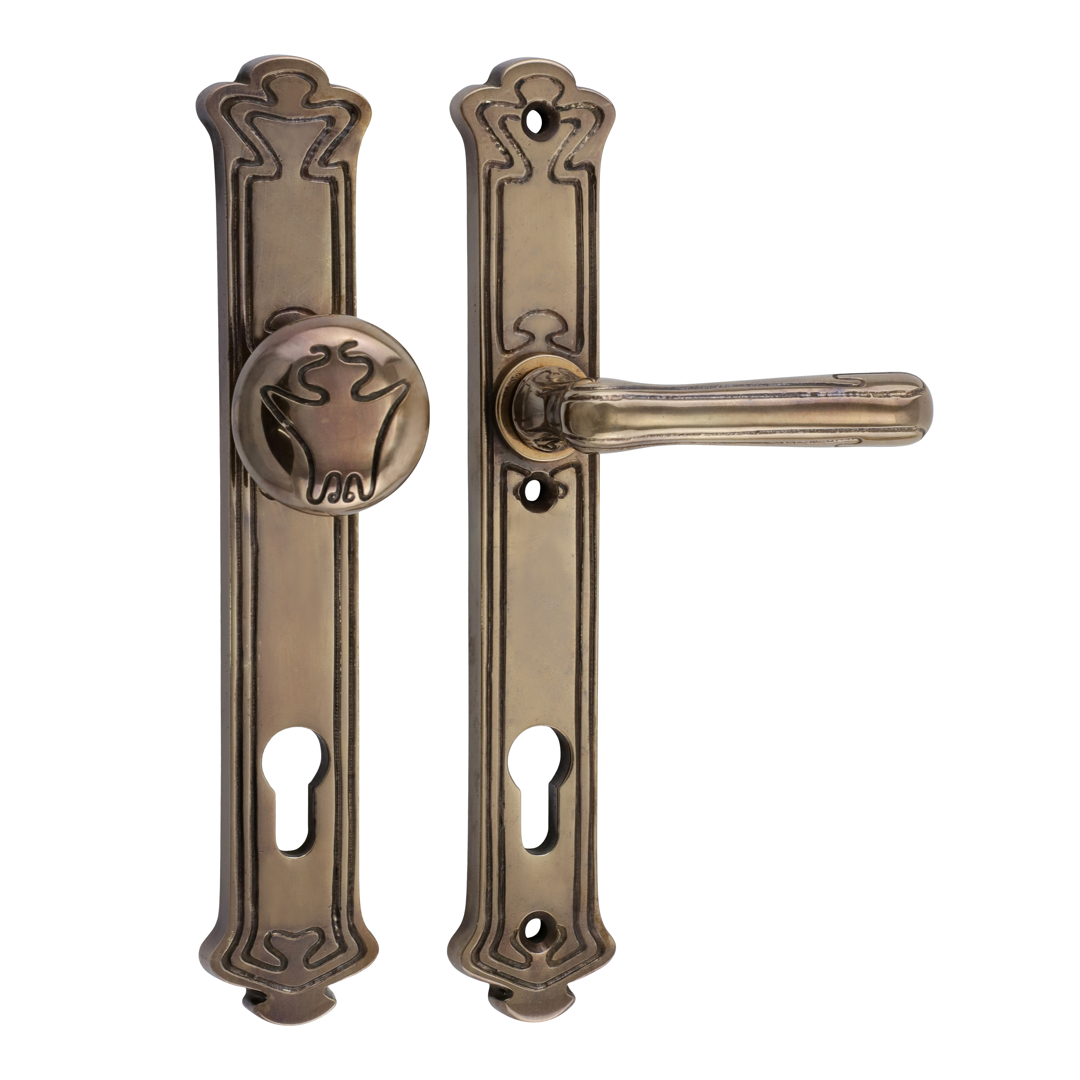 312.0025.45 Set di maniglie per porta d'ingresso con pomolo in ottone patinato Art Nouveau