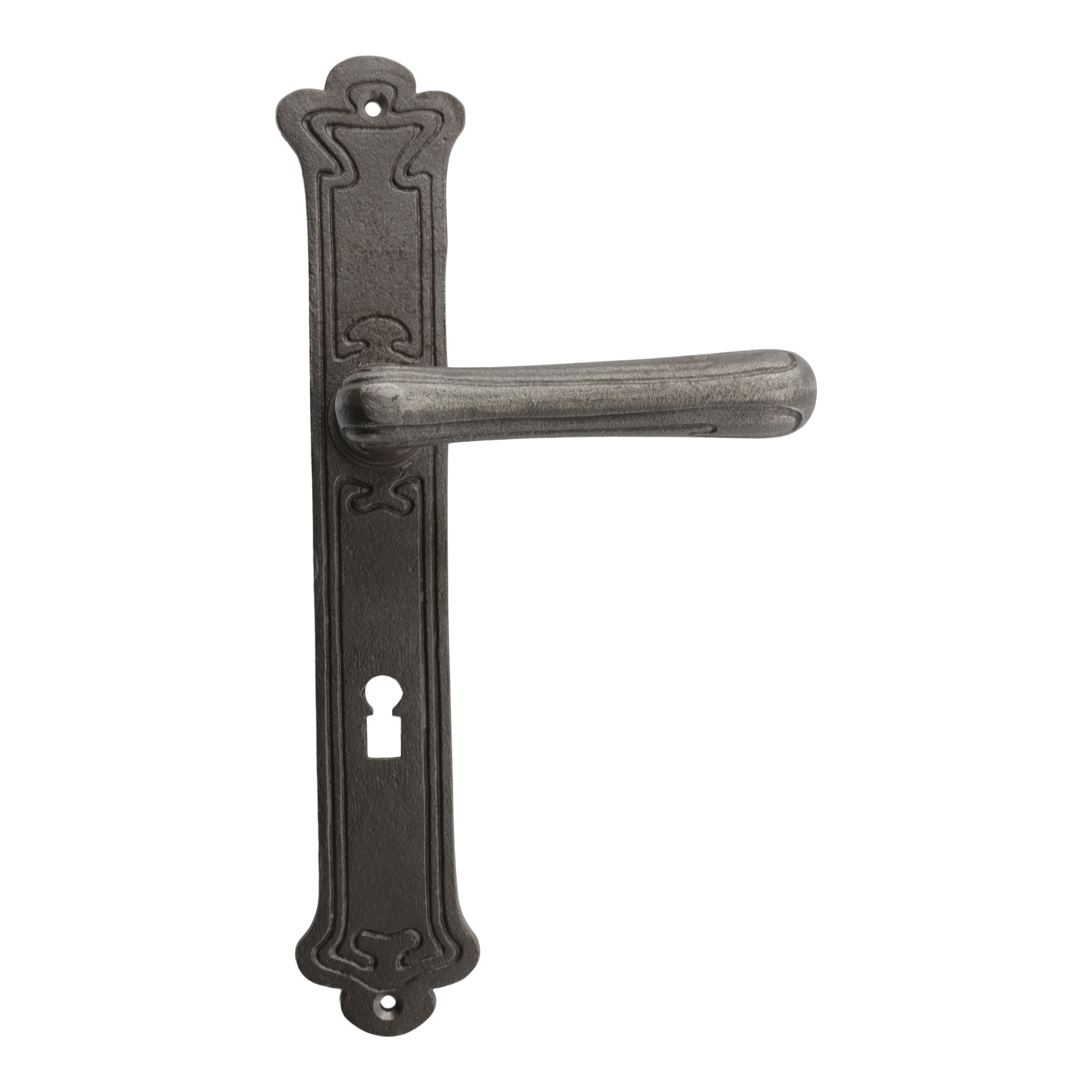 322.0085.80 Maniglia per porta con piastra lunga Art Nouveau in ferro grigio 322.0085.80 Maniglia per porta con piastra lunga Art Nouveau in ferro grigio