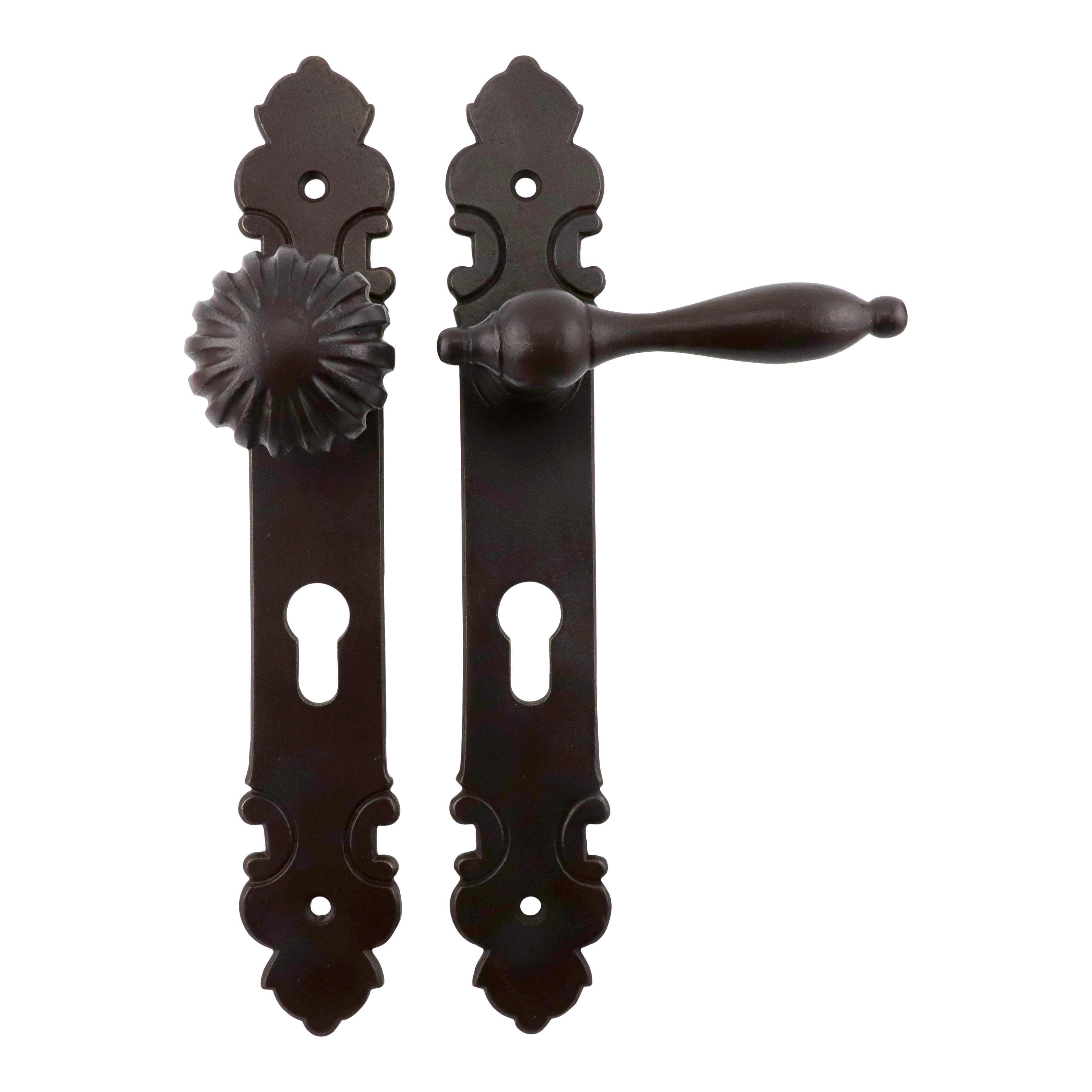 312.0008.60 Set di maniglie per porte d'ingresso con pomolo in ferro antico Biedermeier PZ 72 mm