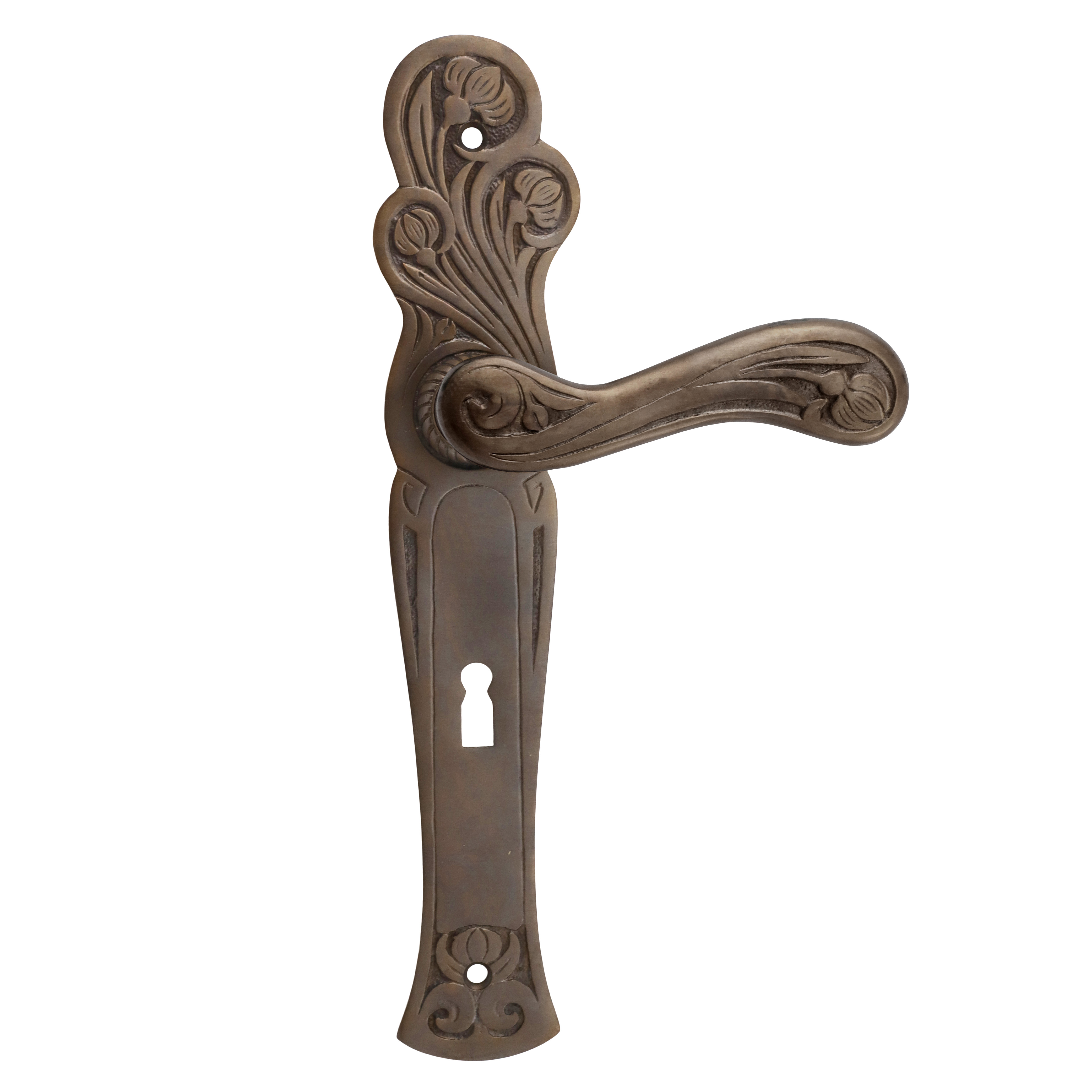 322.0053.45 Maniglia per porta con piastra lunga in ottone patinato art nouveau