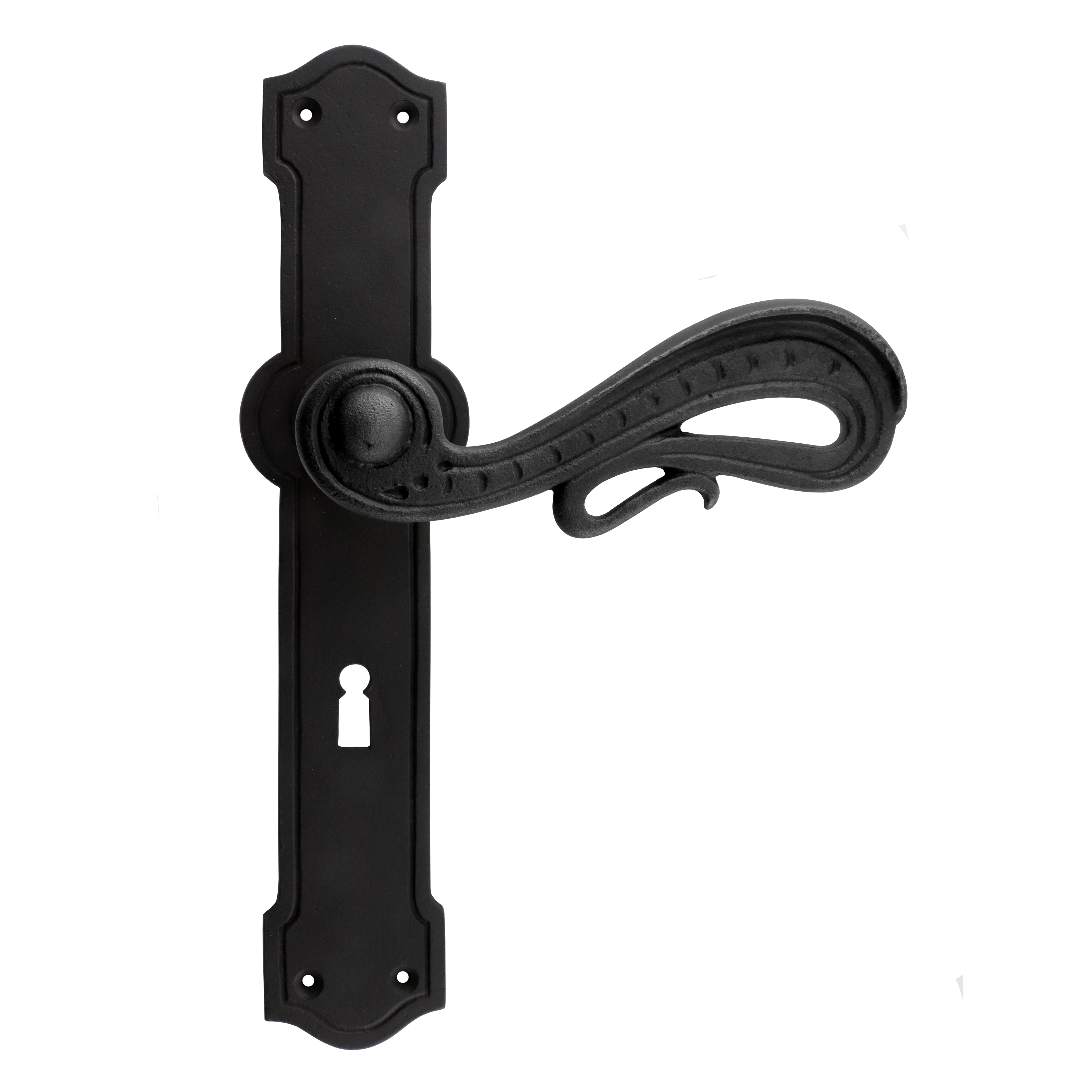 322.0107.70 Maniglia per porta con piastra lunga in ferro barocco nero 322.0107.70 Maniglia per porta con piastra lunga in ferro barocco nero