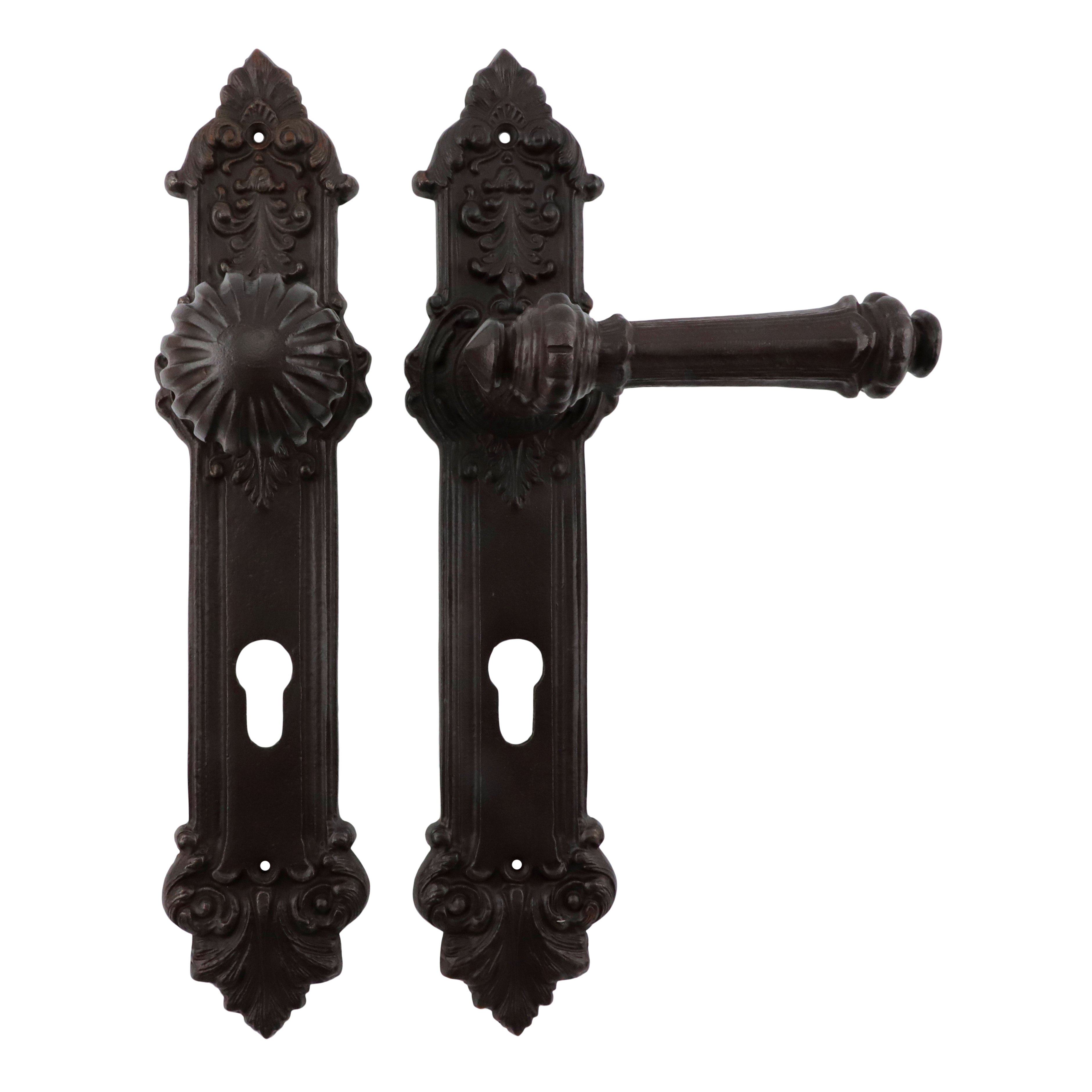 312.0015.60 Set di maniglie per porte d'ingresso con pomolo 5 cm in ferro antico stile guglielmino PZ 92 mm DIN destro