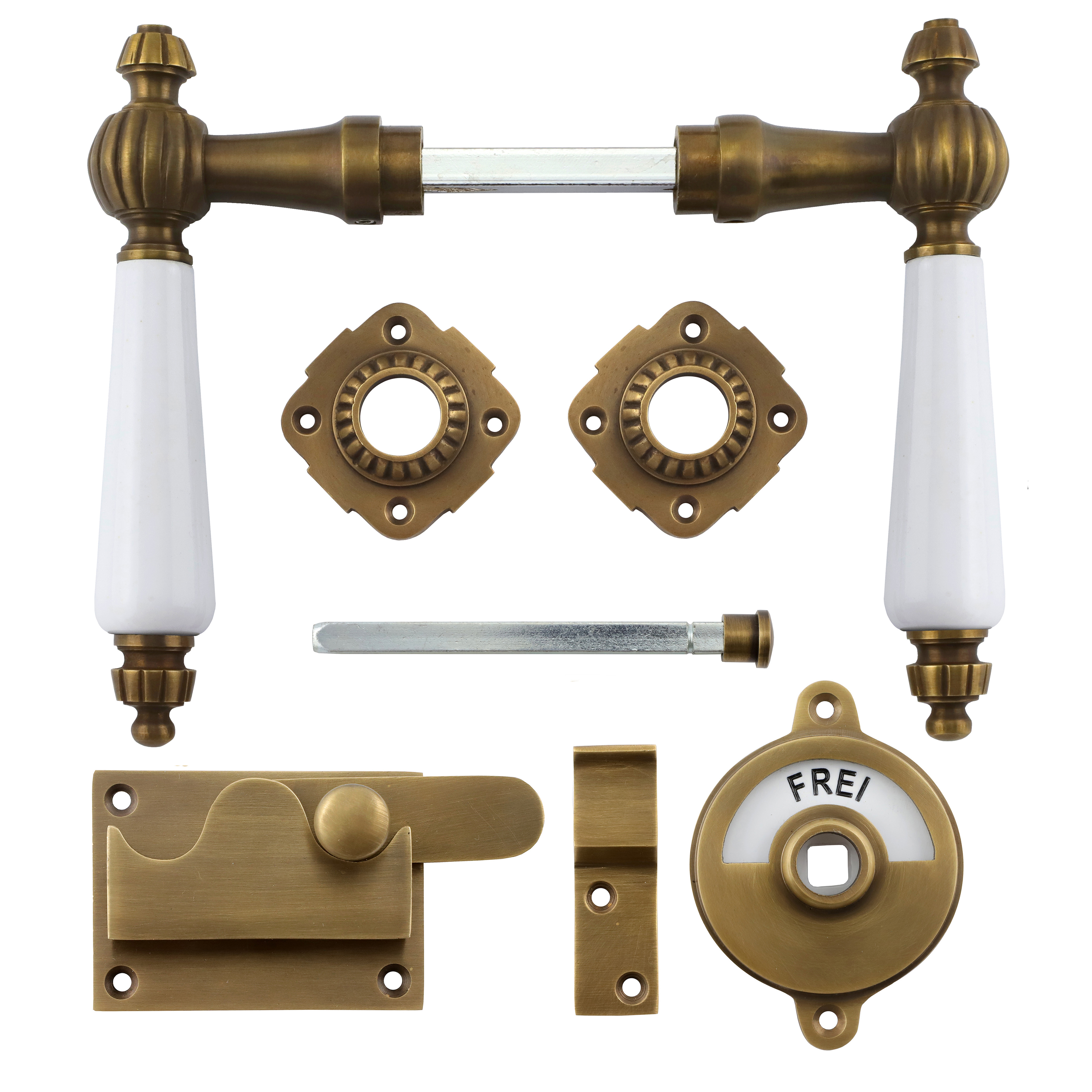 341.0050.45 Ferramenta per porta WC / Catenaccio diritto / Serratura con indicatore Ottone patinato