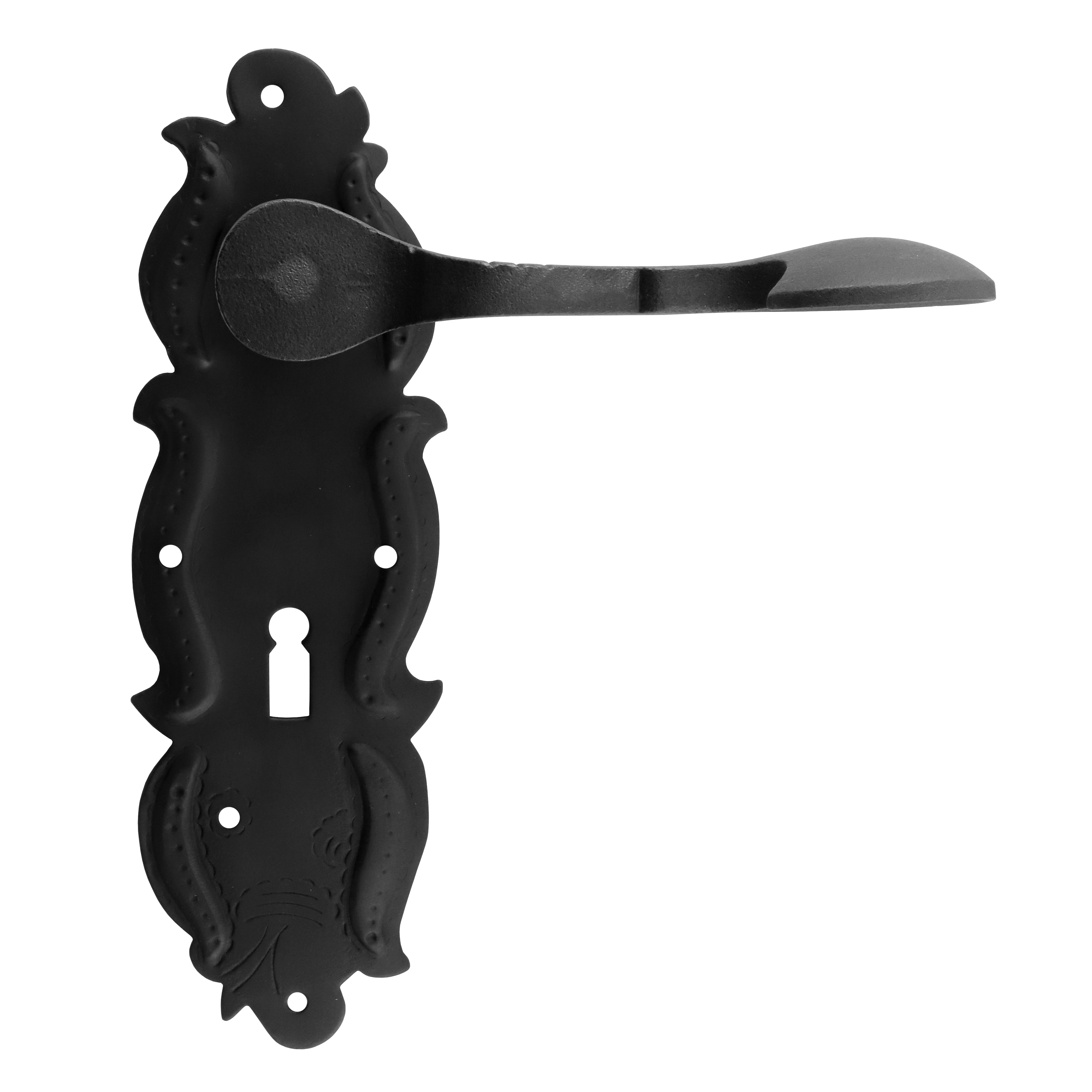 322.0110.70 Maniglia per porta con piastra lunga in ferro barocco nero 322.0110.70 Maniglia per porta con piastra lunga in ferro barocco nero