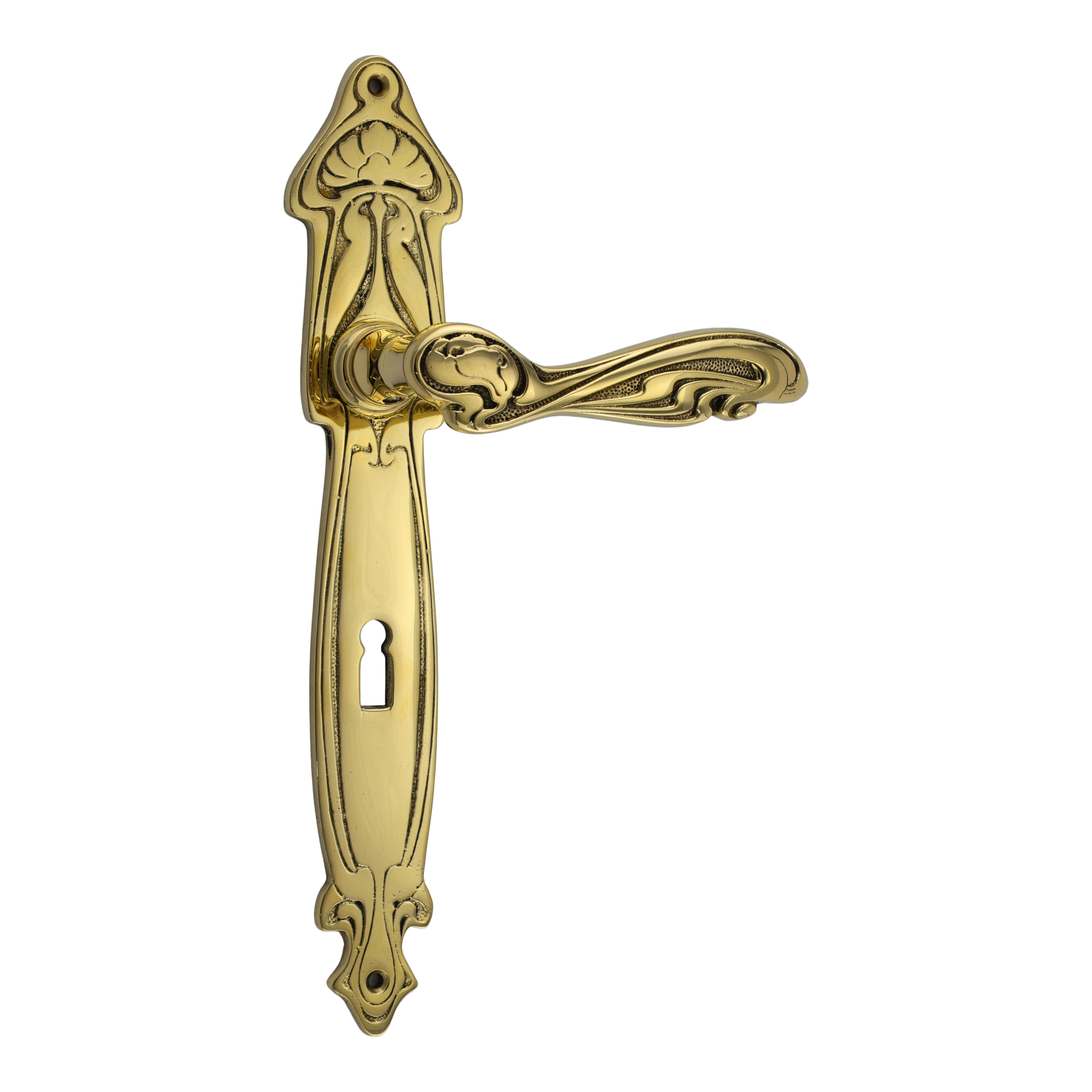 322.0034.35 Maniglie per porte con piastra lunga Art Nouveau in ottone lucido