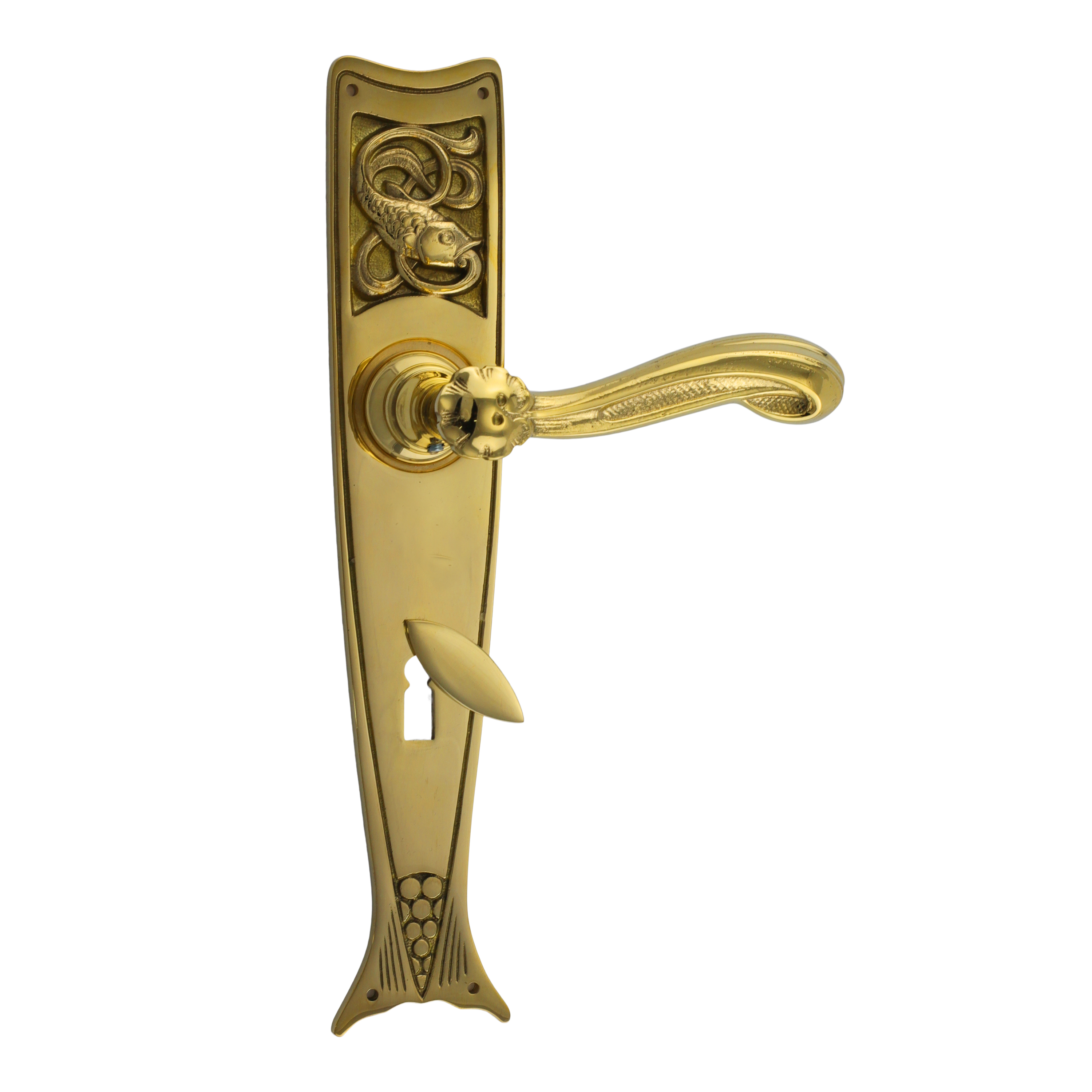 322.0037.35 Maniglia per porta con piastra lunga in ottone lucido Art Nouveau con batacchio