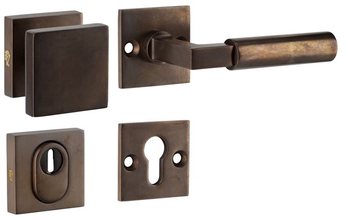 311.0037.50 Set di rosette per porte d'ingresso pomolo/manopola con nucleo di protezione in ottone bronzo antico, DIN destro