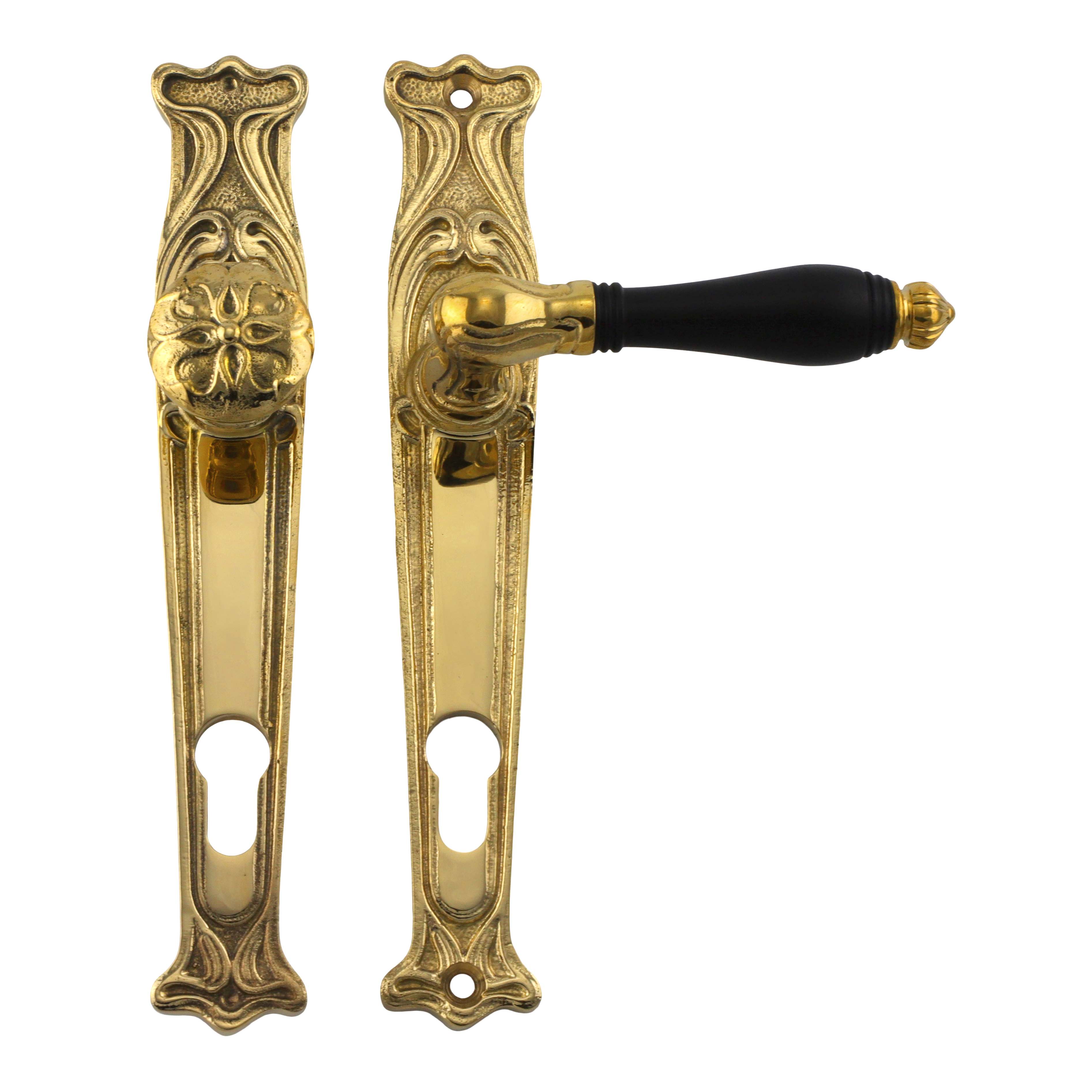 312.0046.35 Set di maniglie per porte d'ingresso con pomolo in ottone lucido Art Nouveau