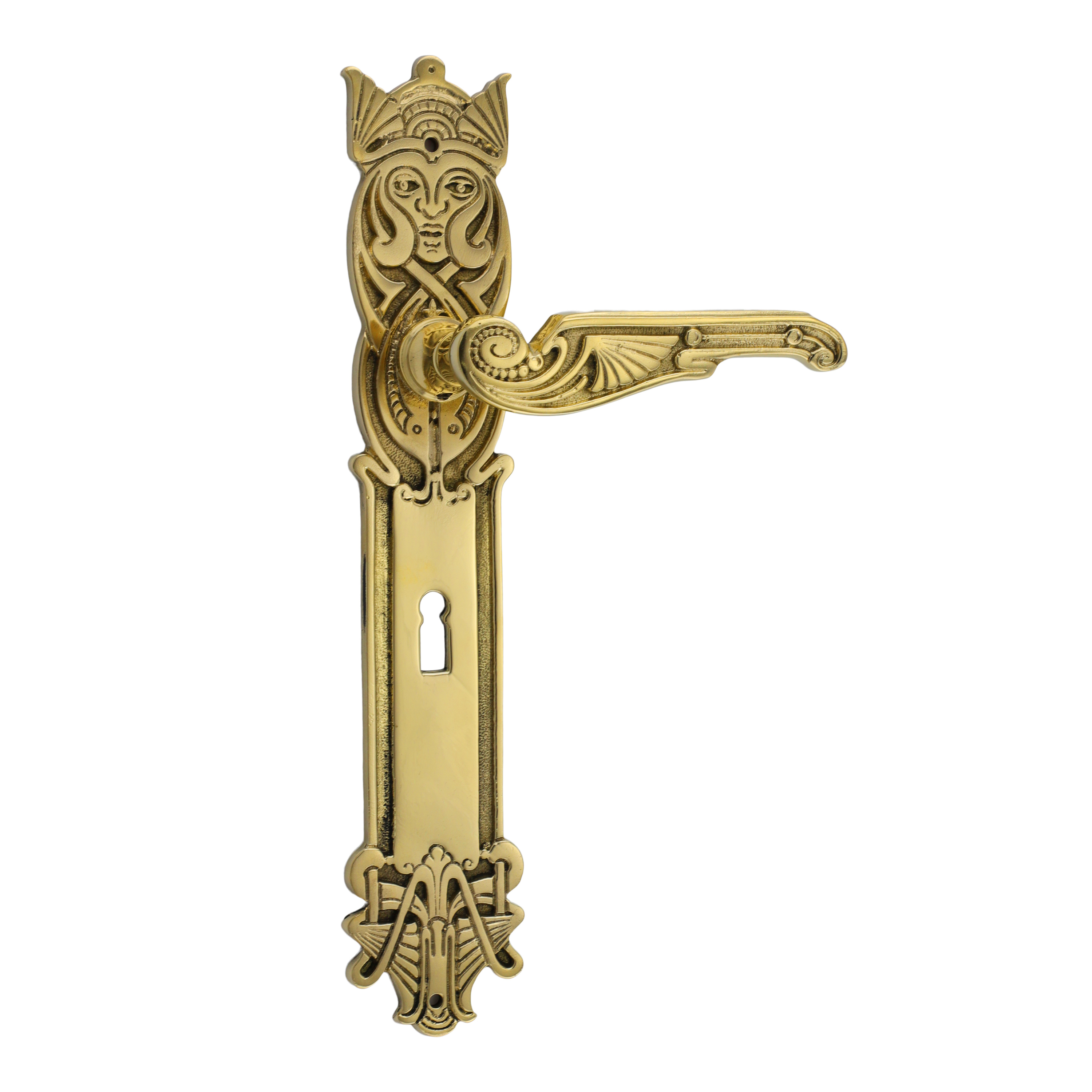 322.0035.35 Maniglia per porta con piastra lunga Art Nouveau in ottone lucido