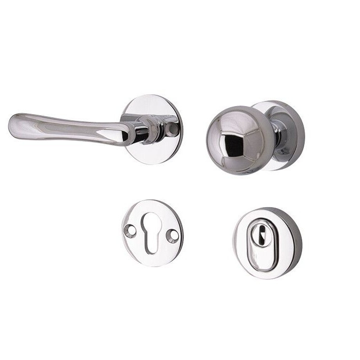 311.0025.35 Set di rosette per porte d'ingresso pomolo/maniglia con protezione del nucleo in ottone lucidato, DIN sinistro