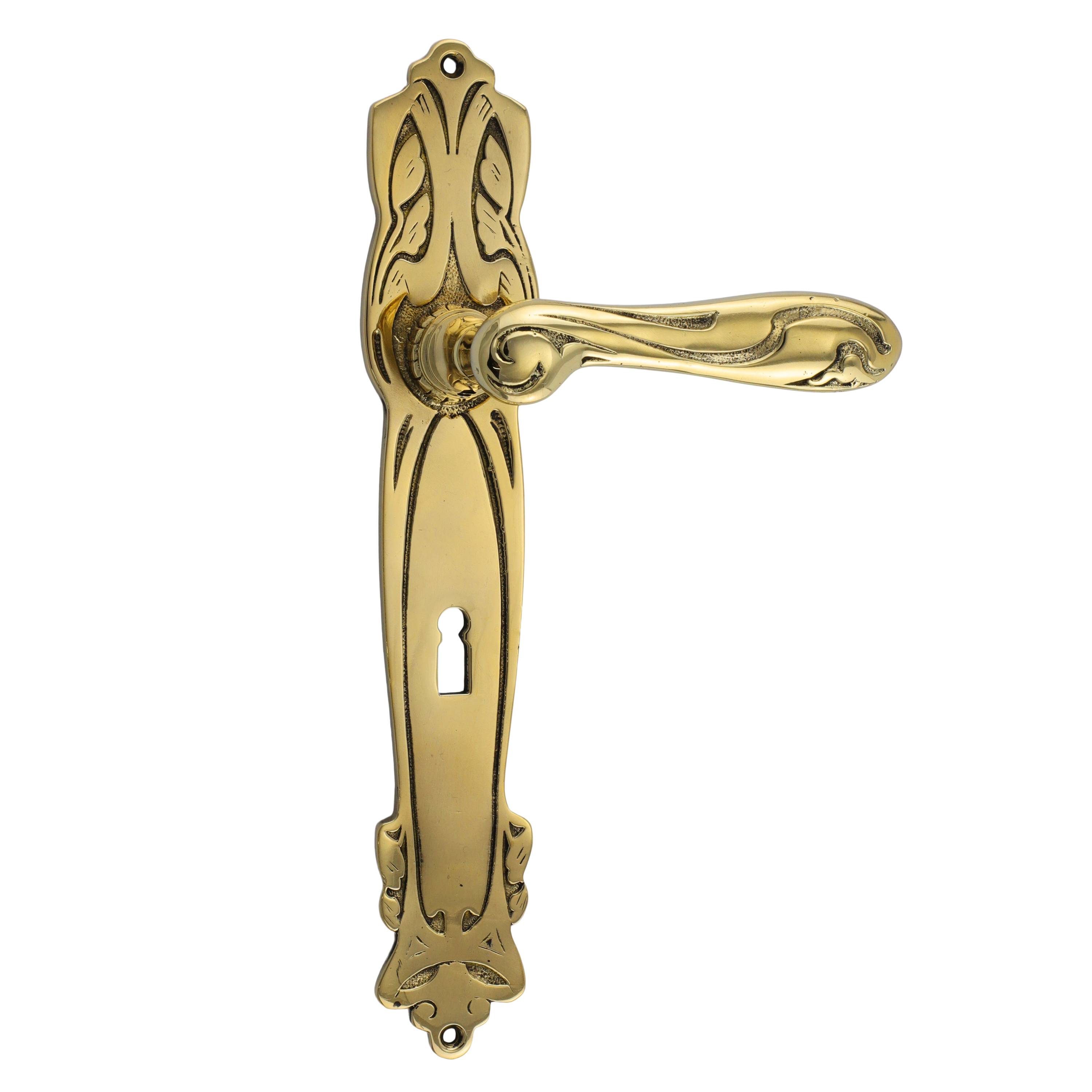 322.0042.35 Maniglia per porta con piastra lunga Art Nouveau in ottone lucido